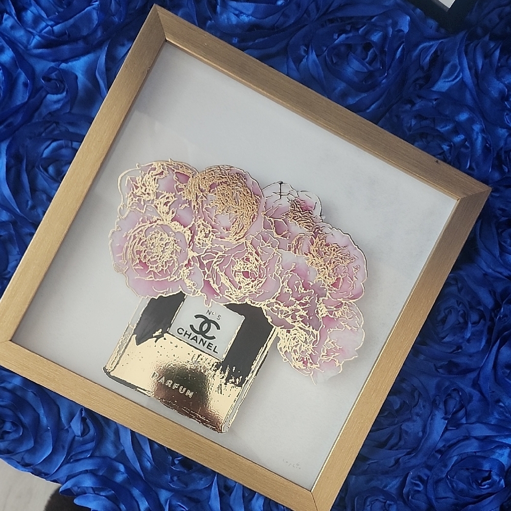 Fashion Pink & Gold Floral Perfume Art in Gold Frame